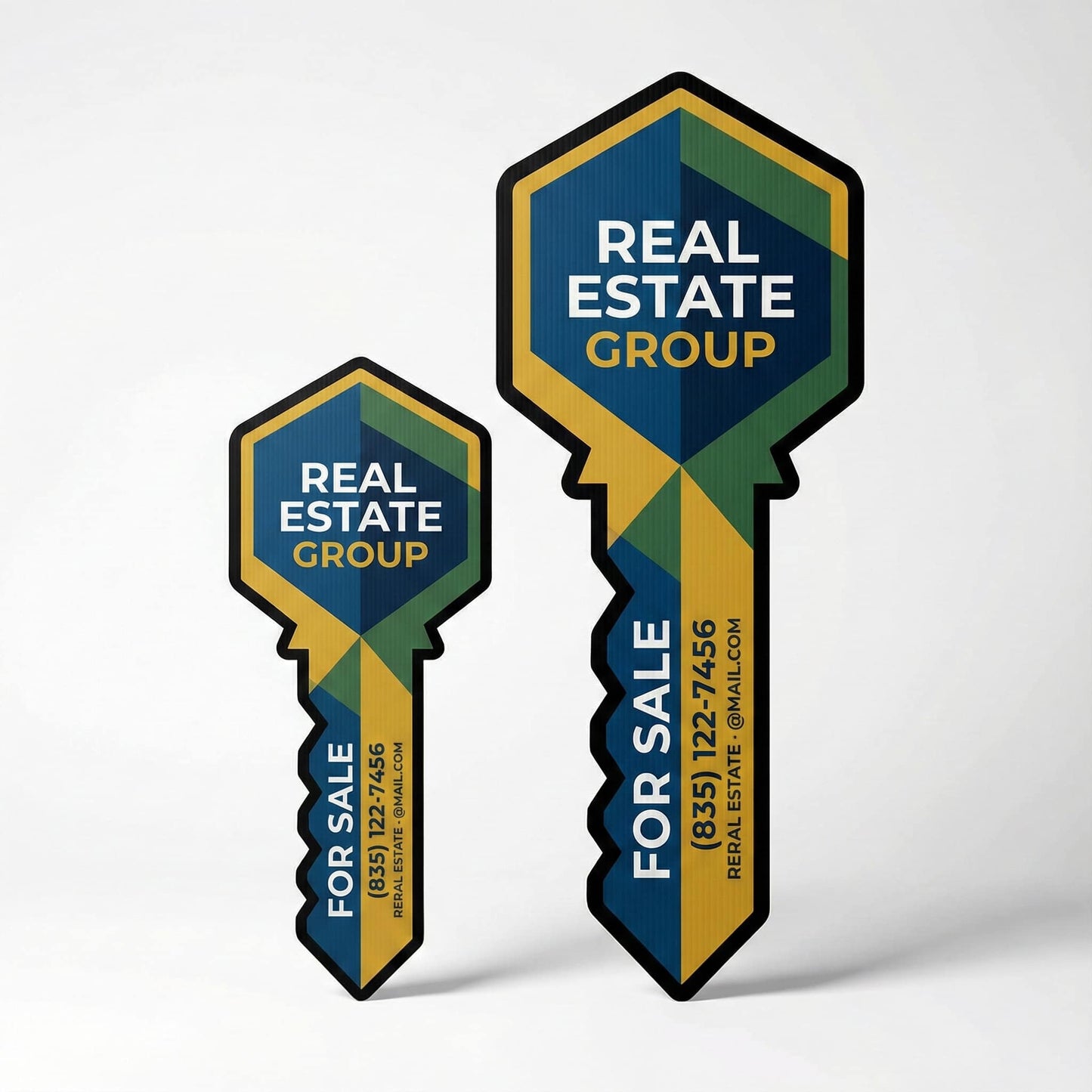 Key‑shaped real estate sign printed on Coroplast for Houston realtors and closing photos