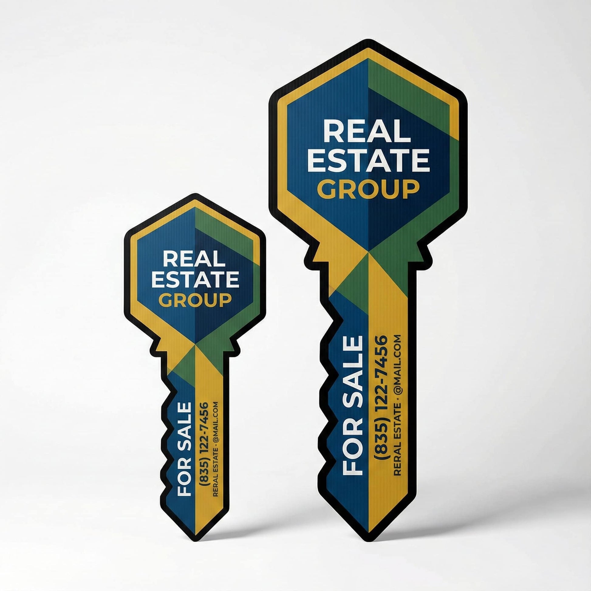 Key‑shaped real estate sign printed on Coroplast for Houston realtors and closing photos